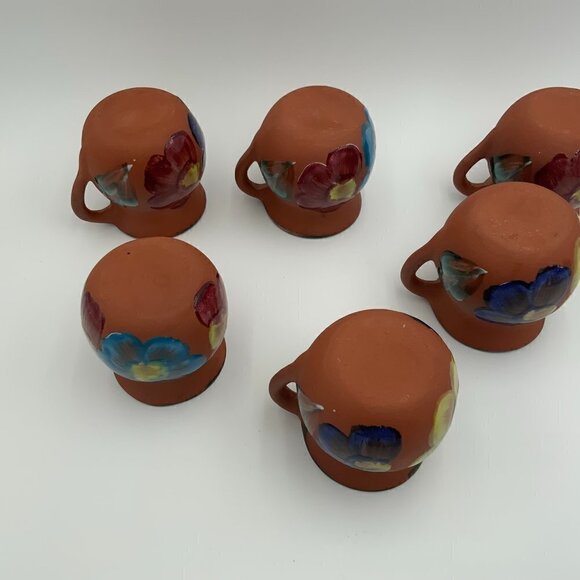 Set of 6 Mexican Clay Pottery Coffee Cup Chocolate Mug Hand Painted Flowers EUC - Picture 14 of 16